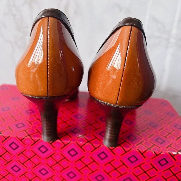 Tory Burch Angle Pointed Toe Heel Pump Tan Cuoio/chocolate Patent Leather US 7 - Picture 5 of 8